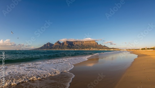 Panoramic view of Table Mountain, seen from a coastal perspective, highlighting urban density