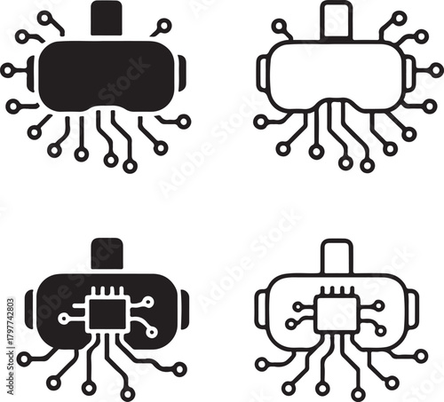 VR Headset Icon Set, tech VR headset icons, virtual reality digital symbols, minimal filled VR, thin stroke headset vector, solid black circuits, isolated VR icon set buyers
