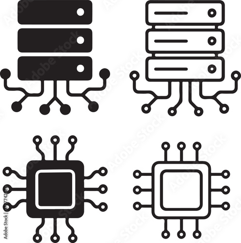 Data Server Icon Set, tech server icons, cloud database digital symbols, minimal filled server, thin stroke data vector, solid black circuits, isolated server icon set for buyers