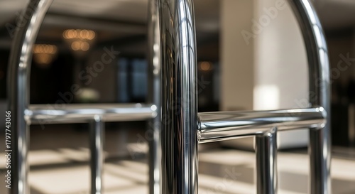 Close-up of Silver Metal Luggage Cart in Airport Terminal with Reflections and Soft Lighting