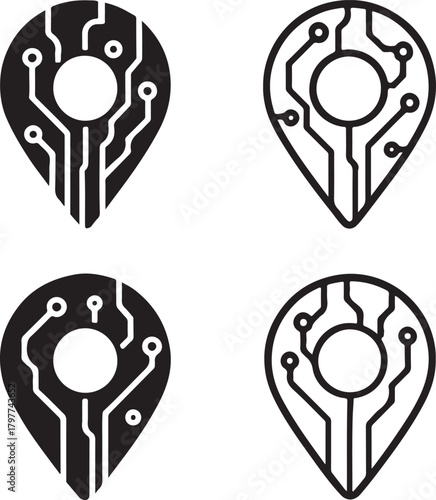 Circuit Location Pin Icon Set, tech location pin icons, digital gps design, smart map point outline, minimal filled pin, thin stroke navigation vector, isolated location pin icon set buyers