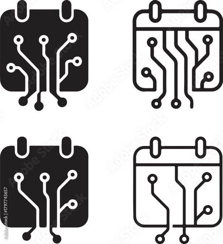 Circuit Calendar Icon Set, tech calendar icons, smart date digital symbols, minimal filled calendar, thin stroke calendar vector, solid black circuits, isolated calendar icon set buyers