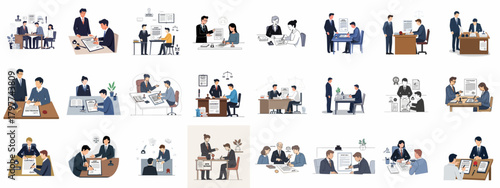 Notary and Legal Services Vector Set: People Signing Contracts, Agreements, and Official Documents with Lawyers and Professionals in Business Settings.