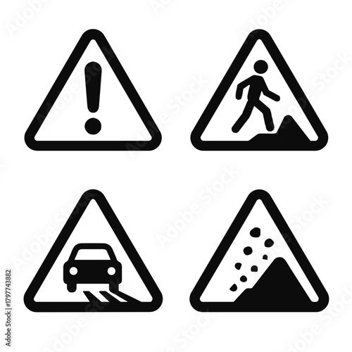 Set of warning road icons in minimal flat style, black and white colors, representing traffic caution and safety signs