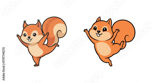 Two Happy Cartoon Squirrels Performing Ballet or Dancing Poses with Big Bushy Tails, Cute Vector Illustration for Children's Activities and Animal Movement Concepts Isolated on White Background.