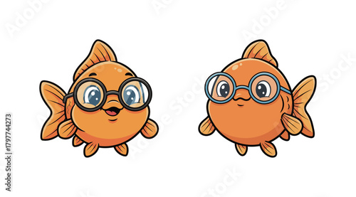 Two Adorable Cartoon Goldfish Wearing Round Glasses, Smiling and Floating, perfect for Education, Children's Books, and Scholarly Animal Themes Illustration Isolated on White Background.