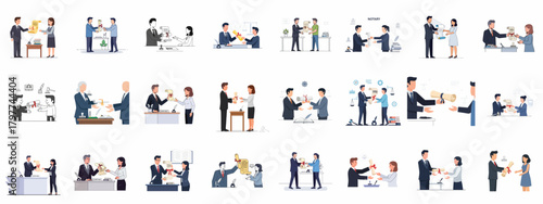 Notary Public Services Vector Illustration Set: Collection of scenes showing legal documentation, certification, signing, and deed transfer between professionals and clients.