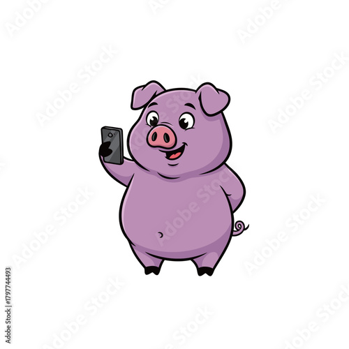 Cheerful Cartoon Pig Taking a Selfie or Looking at a Smartphone, Standing and Smiling, Funny Animal and Technology Theme Vector Illustration Isolated on White Background.