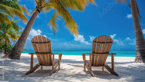 Fototapeta Naklejka Na Ścianę i Meble -  Rustic chairs placed on a tropical white sand beach surrounded by palm trees and a clear blue sky, ideal for relaxation