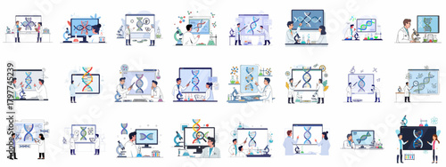 Genetic research and DNA science illustration collection featuring diverse scientists analyzing helix structure, biotechnology, and molecular data in a laboratory.