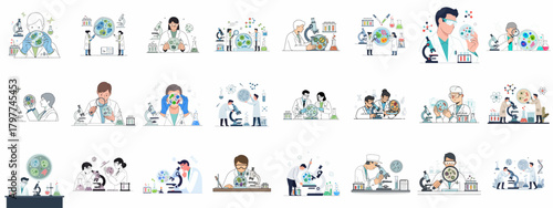 Microbiology Research and Chemical Experiment Illustration Collection. Scientists in labs studying cells, bacteria, DNA, and conducting analysis with specialized equipment.