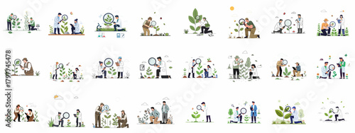 Modern vector illustrations of scientists, botanists, and agronomists researching plants, inspecting growth, conducting ecological fieldwork, and utilizing magnifying glasses for study.