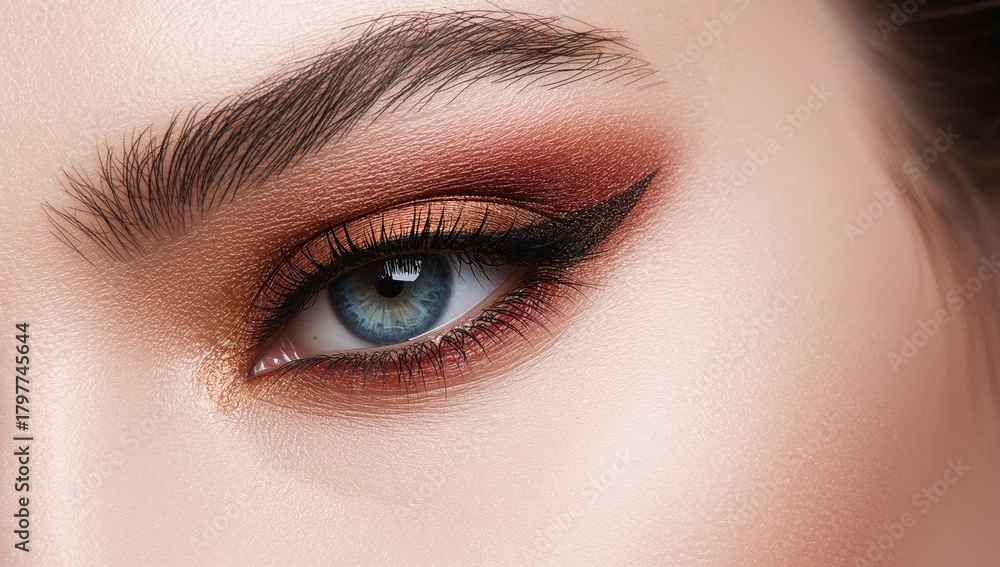 Fototapeta premium Close-up of a blue eye adorned with intricate brown and red-orange smoky makeup, showcasing modern beauty techniques, seasonal change.
