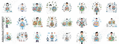 A collection of scientific illustrations depicting researchers analyzing biological cells (animal and plant) and DNA structures in a laboratory setting.