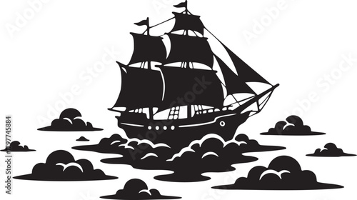 Isolated a kind of sailing ship floating on clouds vector silhouette symbolizing fantasy sky voyages dream adventures and surreal nautical journeys