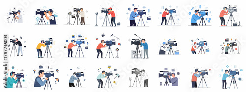 Set of vector illustrations featuring cameramen, videographers, and film crew professionals operating video cameras, tripods, and filmmaking equipment for production concepts.