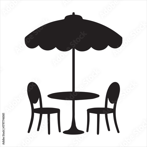 Black and white illustration of outdoor café tables and chairs