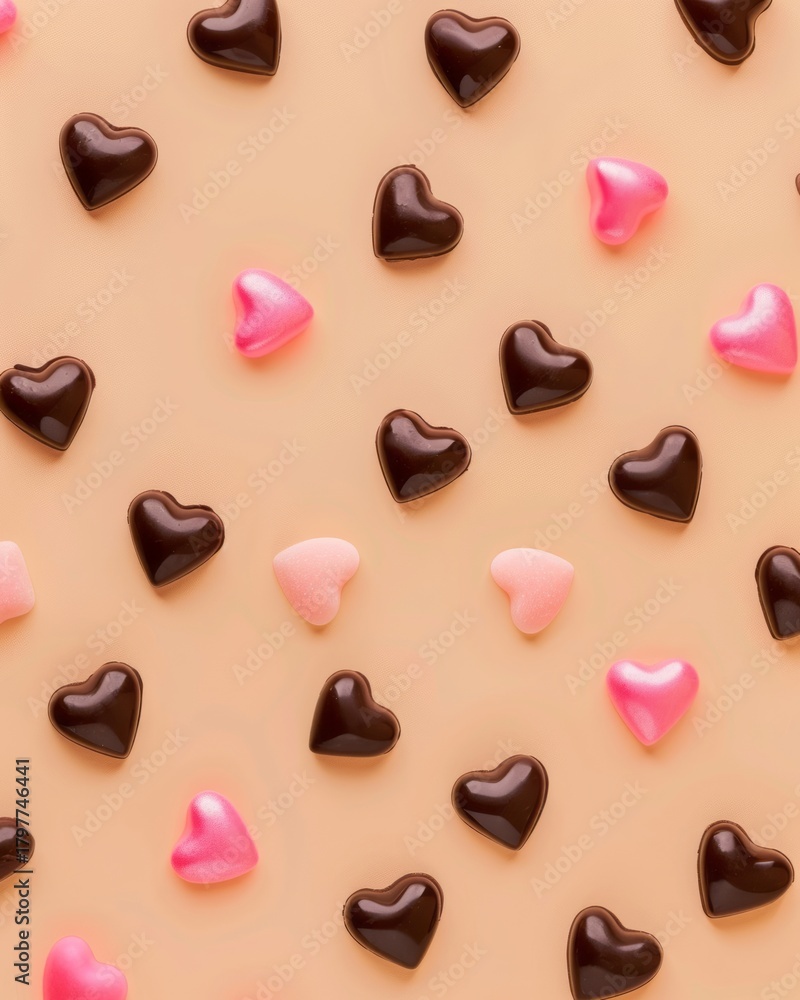 Fototapeta premium A vibrant collection of pink, dark, and white heart-shaped candies spread across a soft background, encapsulating the essence of love and joy, perfect for capturing romantic moments.