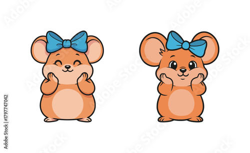 Two Adorable Cartoon Hamsters or Mice with Big Blue Bows on their Heads, Smiling and Cheerful Pet Animal Character Vector Illustration Isolated on White Background.