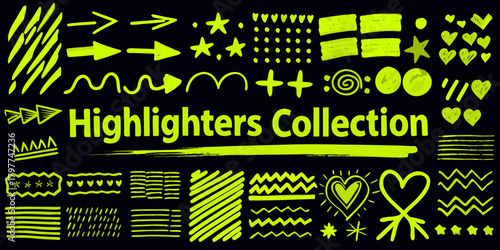 Bright yellow highlighter pen strokes and shapes collection on black background