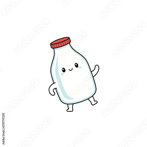 Cute Cartoon Milk Bottle Character with a Red Cap, Smiling and Waving, Adorable Beverage and Dairy Mascot for Health and Nutrition Themes Vector Illustration Isolated on White Background.