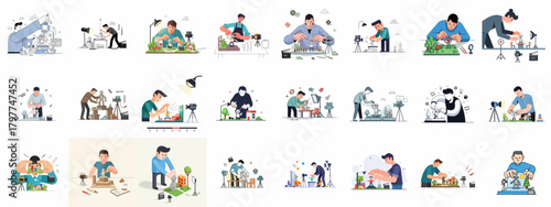 Stop Motion Animation Production Illustrations Set: Animators Working with Puppets, Miniature Sets, Cameras, and Filmmaking Equipment.