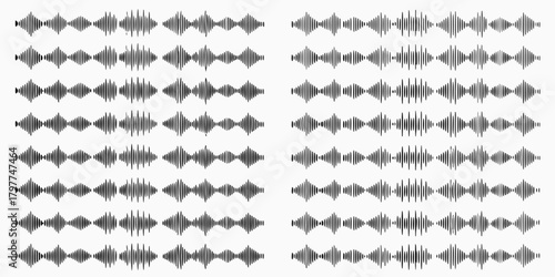 Collection of diverse black sound waveforms displayed in rows on a white background