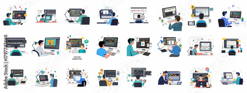 Vector Animation and Video Editing Professionals Working at Desks Set: Motion Graphic Designers and Creative Content Creators using Computer Software.