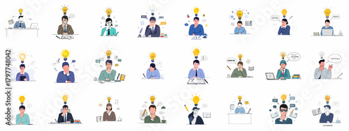 Diverse collection of illustrations showing people having breakthrough ideas and creative inspiration, featuring lightbulbs, copywriters, students, and thinkers pondering solutions.