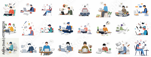 Diverse illustrations of authors, students, and freelancers working on laptops and generating creative ideas.