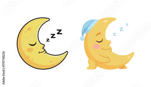 Two Cute Cartoon Sleeping Moons, one wearing a Blue Nightcap, Symbolizing Nighttime, Sleep, and Sweet Dreams Vector Illustration Isolated on White Background.