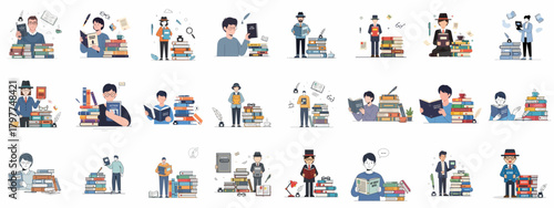 Vector set of people reading and writing, surrounded by book stacks, illustrating education, literature, and creative process.