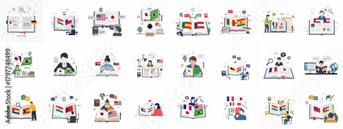 Large set of vector illustrations showing language translation, dictionary use, and foreign language learning concepts featuring diverse international flags and people.