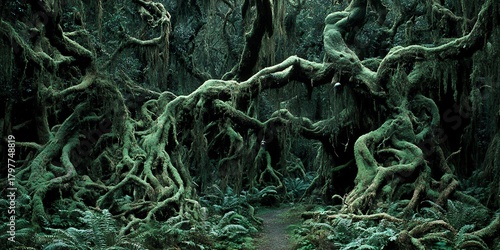 Fototapeta Naklejka Na Ścianę i Meble -  Overgrown forest with gnarled moss covered tree branches and ferns on a winding path