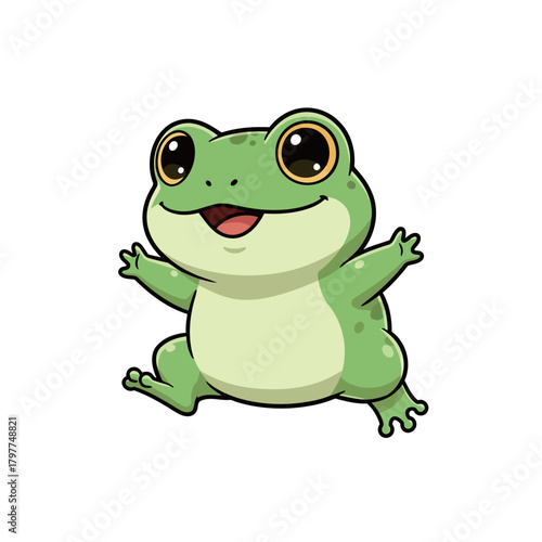 Cheerful cartoon green frog character jumping with arms wide open, happy amphibian mascot, cute animal illustration, simple vector design on white background