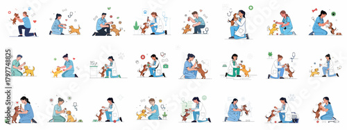 Veterinary Care and Pet Health Illustration Set: Vets and Nurses Playing, Examining, and Treating Happy Dogs and Puppies.
