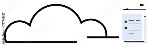 Cloud shape with horizontal arrows and stack of documents highlights concepts of cloud computing, document storage, file sharing, digital collaboration, data management, modern technology