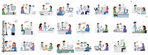 Pharmacist and patient consultation illustration set, covering medication dispensing, dosage instructions, prescription explanation, and general health services.
