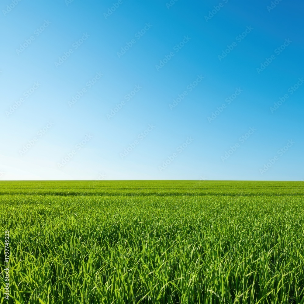 Obraz premium A vast, vibrant green grass field stretches toward the distant horizon under a bright blue sky, suggesting freedom and natural beauty ,growth ,agriculture ,field