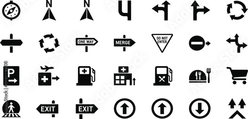 Wayfinding and traffic signs glyph icon collection. Vector symbols for maps, directions, and locations.