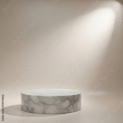 Minimalist White Marble Cylinder Podium on Beige Background with Spotlight