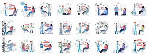 Dental care vector set: Dentist teaching oral hygiene, brushing techniques, and preventative check-ups to patients in the clinic.
