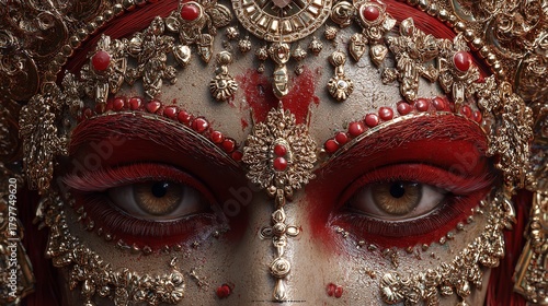 Closeup of a woman's face adorned with intricate gold jewelry and red accents showcasing cultural beauty and artistic expression