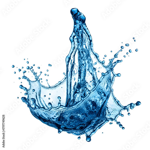 A dynamic splash of blue water isolated on a transparent background