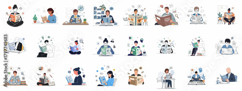 Vector illustrations set depicting diverse individuals studying psychology, cognitive science, research methods, and mental health concepts through reading books.
