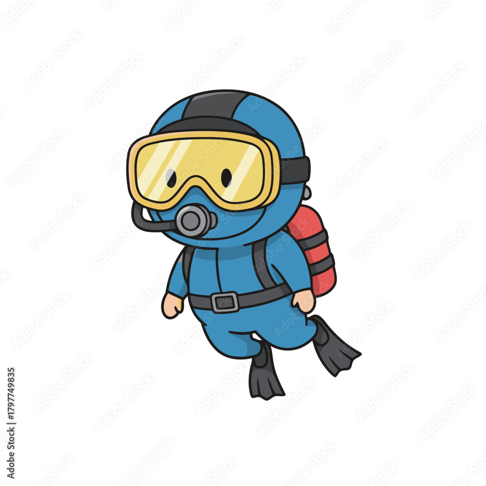 Fototapeta premium Cute cartoon scuba diver character in a wetsuit with tank and mask, underwater adventure and sport mascot, simple vector illustration on white background