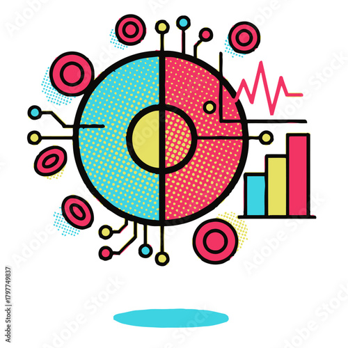 Blood data visualization and clinical analysis dashboard. Abstract vector illustration of medical information, heart rate monitor, bar graphs, and digital diagnostic interface