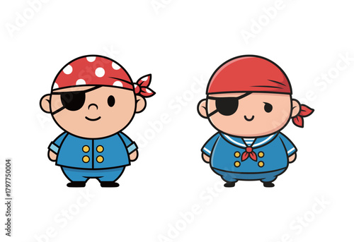 Set of two cute cartoon pirate characters wearing a bandana and eye patch, sailor and adventure mascots, simple vector illustration for children's theme