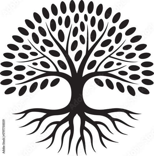Stylized black and white tree of life symbol with intricate roots and branches