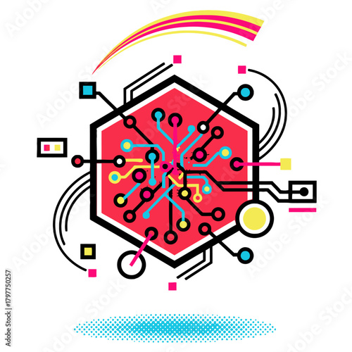 Self-learning automation agent. Abstract hexagonal circuit diagram representing AI, continuous intelligence, and advanced automated technology for data processing and workflow